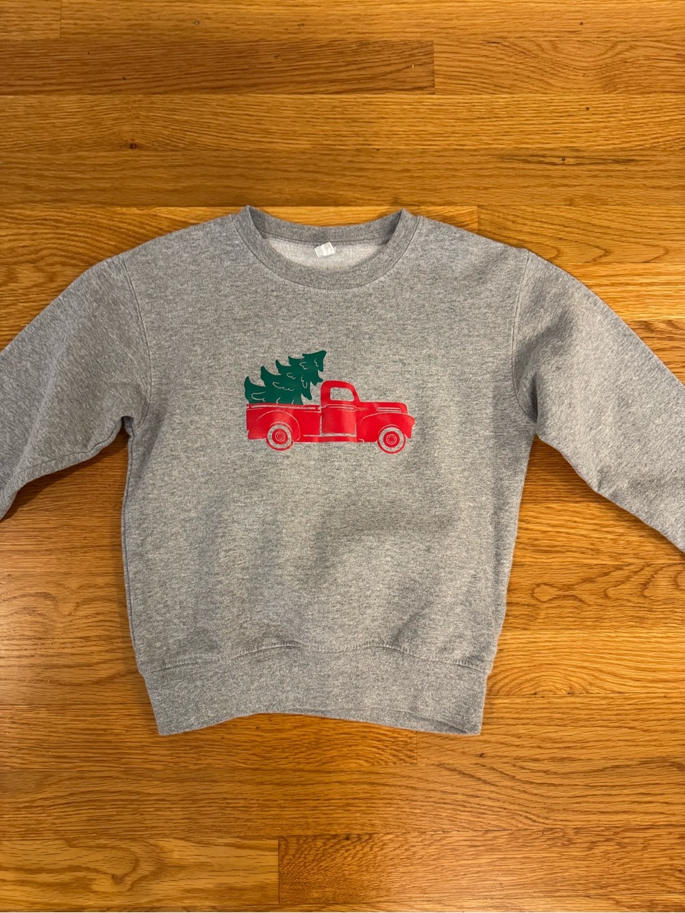 Gray Crewneck Sweater with Red Truck and Green Tree Graphic